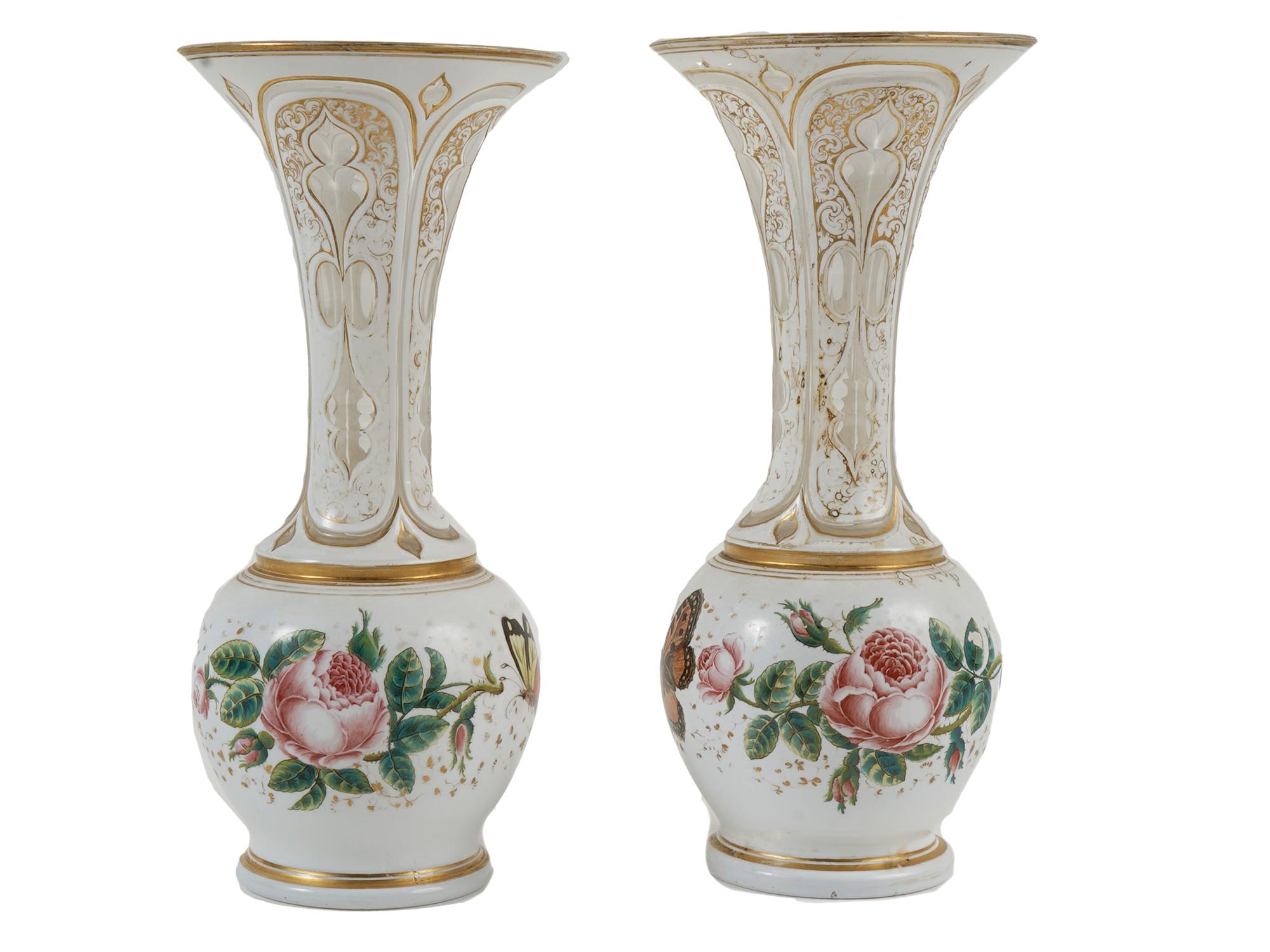 EUROPEAN BUTTERFLIES BOHEMIAN GLASS VASES A PAIR PIC-1